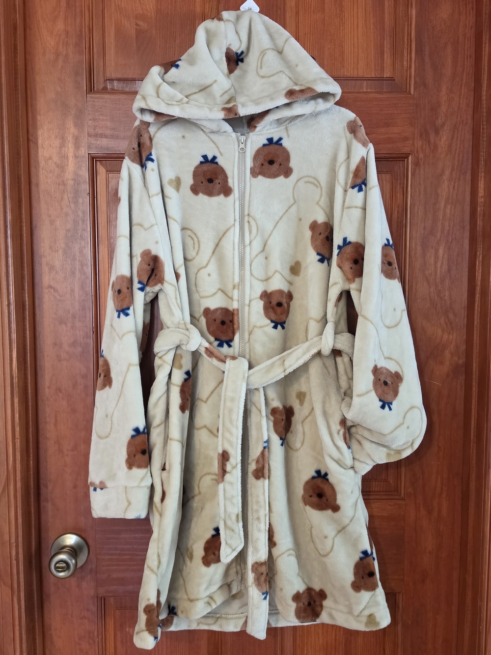 Kids Beige Bear Hooded Fleece Robe with Belt